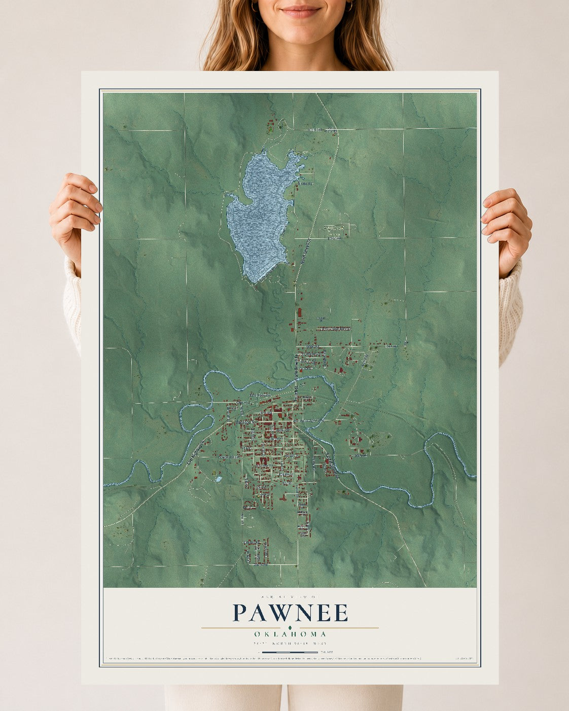 Map of Pawnee, Oklahoma, 24 x 36 inch unframed archival matte print