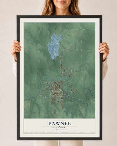 Map of Pawnee, Oklahoma, 24 x 36 inch print in a black wood frame