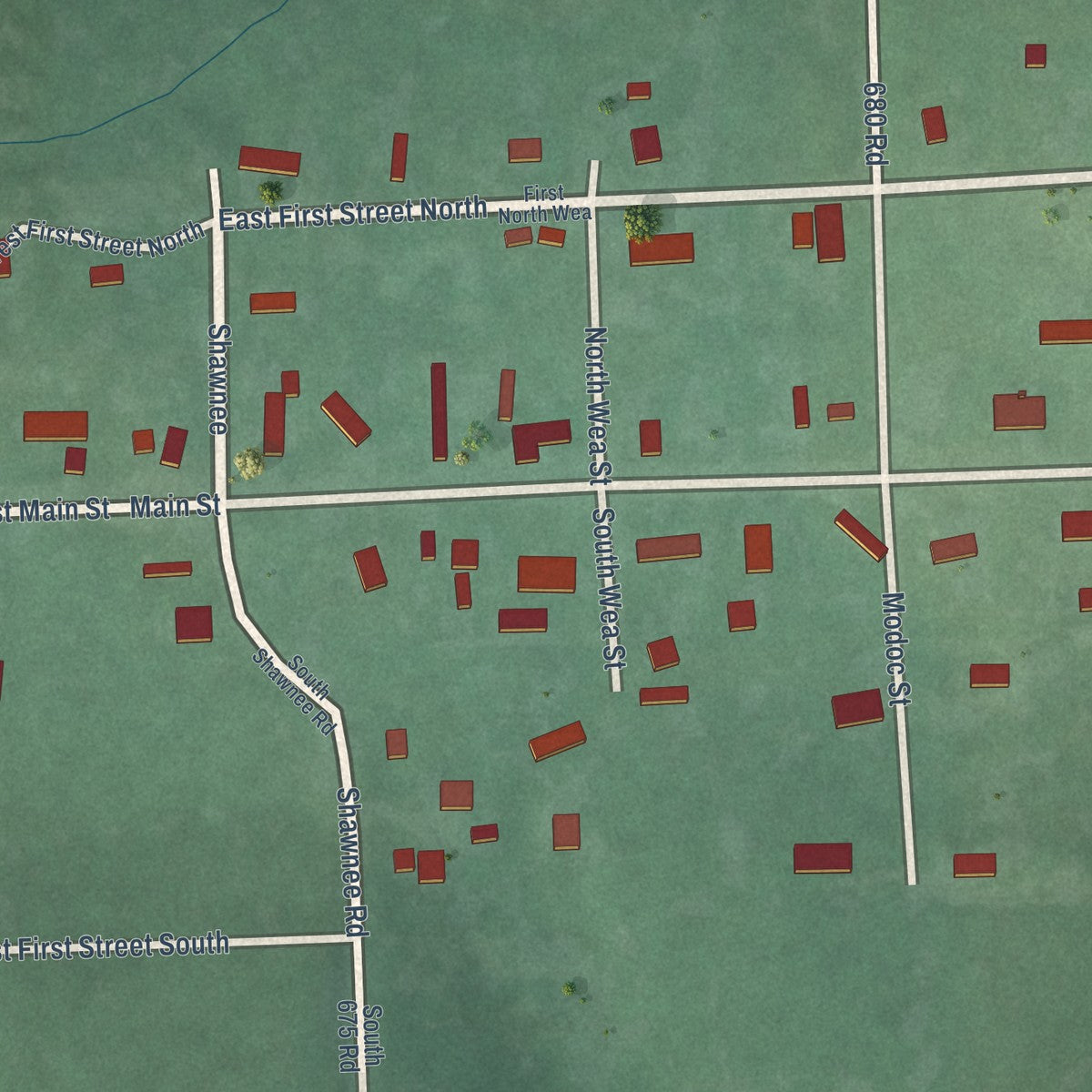 Close-up of the map of Peoria, Oklahoma print showing street and building detail