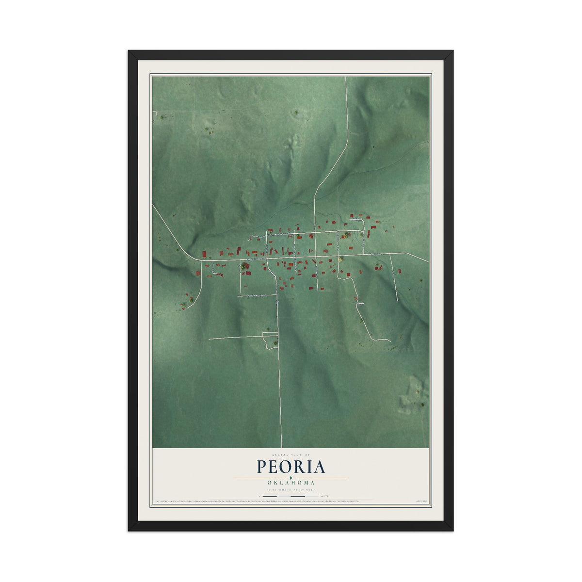 Map of Peoria, Oklahoma, 12 x 18 inch print in a black wood frame