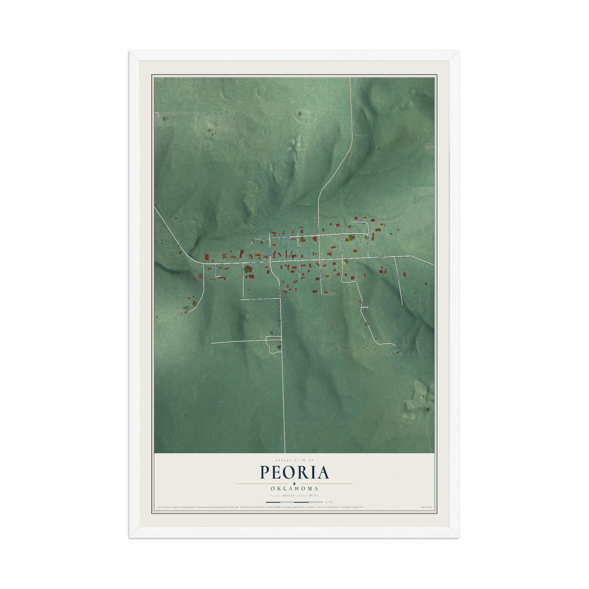 Map of Peoria, Oklahoma, 12 x 18 inch print in a white wood frame
