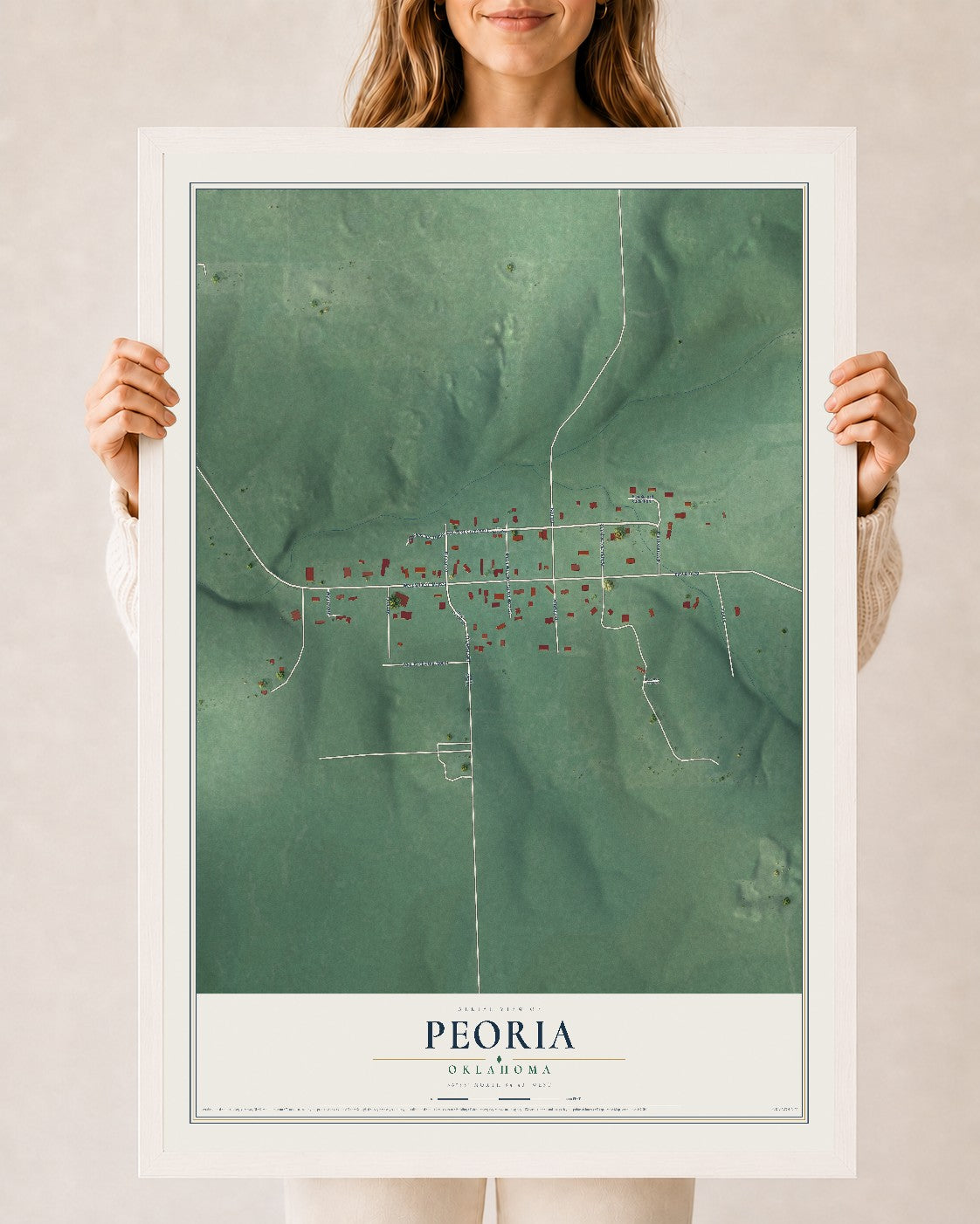 Map of Peoria, Oklahoma, 24 x 36 inch print in a white wood frame