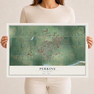 Map of Perkins, Oklahoma, 12 x 18 inch unframed archival matte print