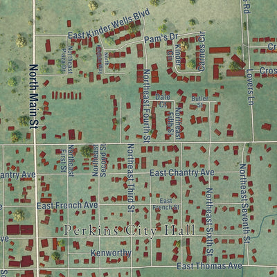 Close-up of the map of Perkins, Oklahoma print showing street and building detail