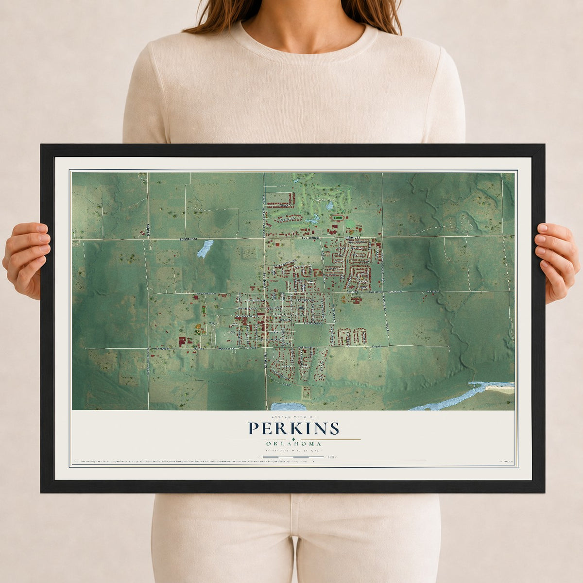 Map of Perkins, Oklahoma, 12 x 18 inch print in a black wood frame