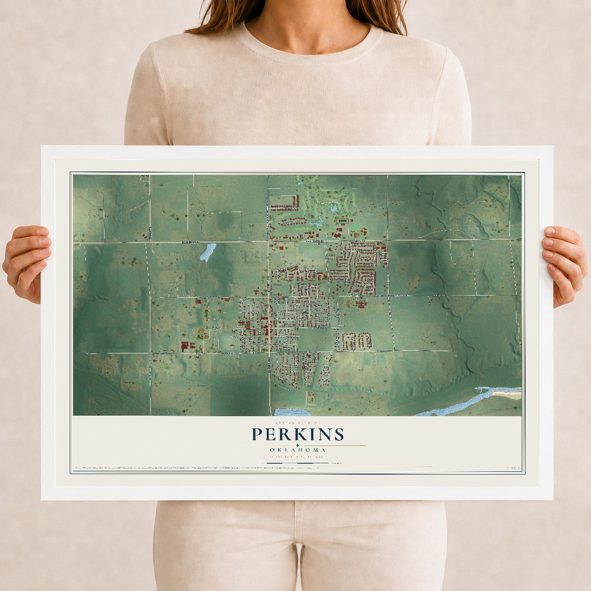 Map of Perkins, Oklahoma, 12 x 18 inch print in a white wood frame