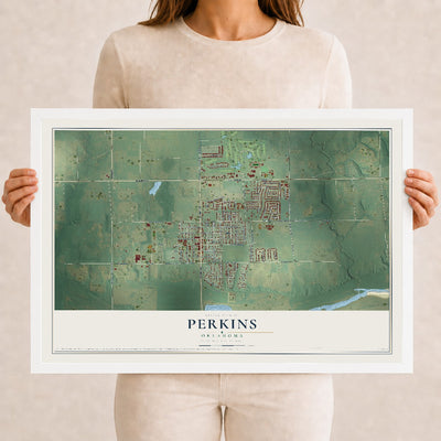Map of Perkins, Oklahoma, 12 x 18 inch print in a white wood frame