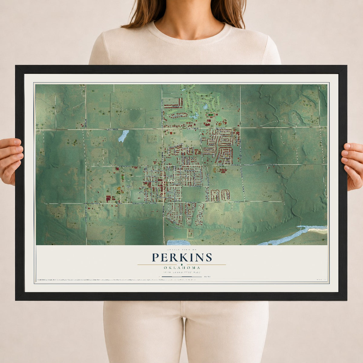 Map of Perkins, Oklahoma, 18 x 24 inch print in a black wood frame
