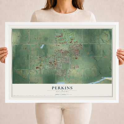 Map of Perkins, Oklahoma, 18 x 24 inch print in a white wood frame