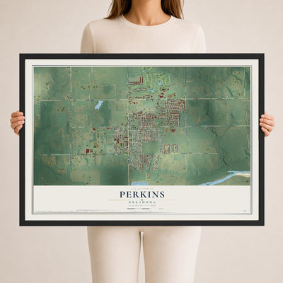 Map of Perkins, Oklahoma, 24 x 36 inch print in a black wood frame