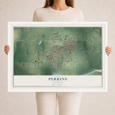 Map of Perkins, Oklahoma, 24 x 36 inch print in a white wood frame