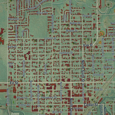 Close-up of the map of Perry, Oklahoma print showing street and building detail