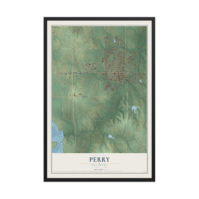 Map of Perry, Oklahoma, 12 x 18 inch print in a black wood frame