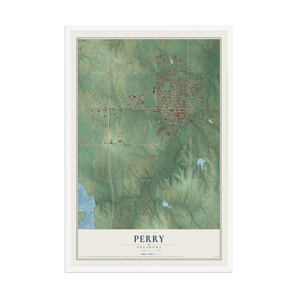 Map of Perry, Oklahoma, 12 x 18 inch print in a white wood frame