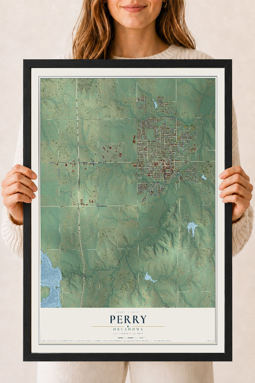 Map of Perry, Oklahoma, 18 x 24 inch print in a black wood frame
