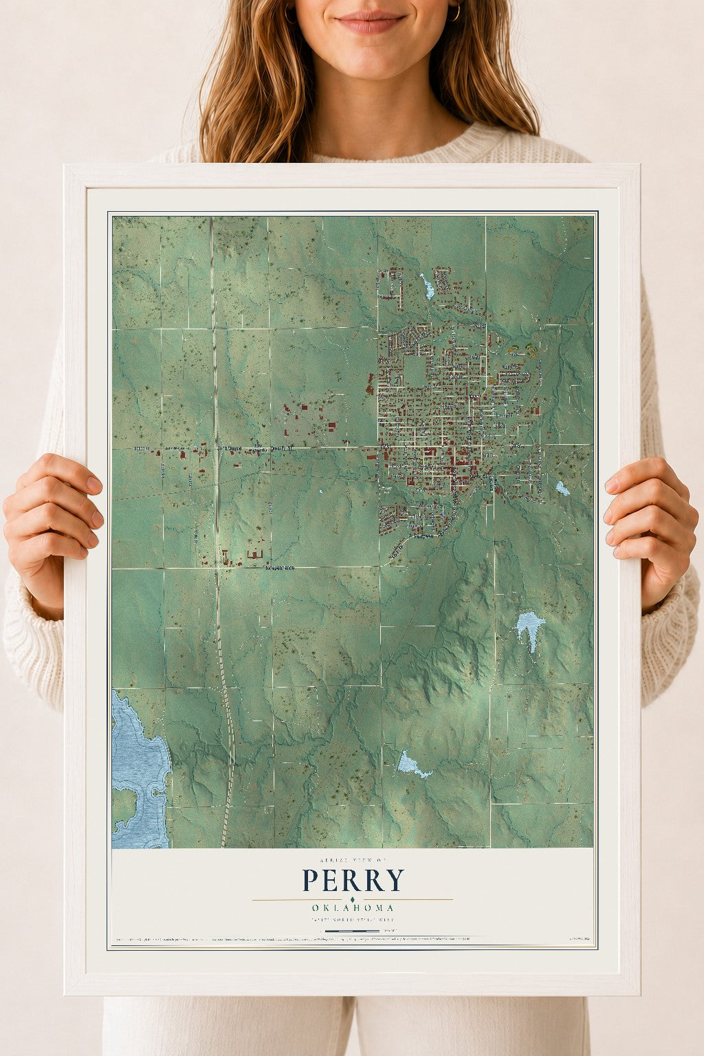 Map of Perry, Oklahoma, 18 x 24 inch print in a white wood frame