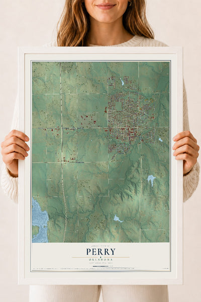 Map of Perry, Oklahoma, 18 x 24 inch print in a white wood frame