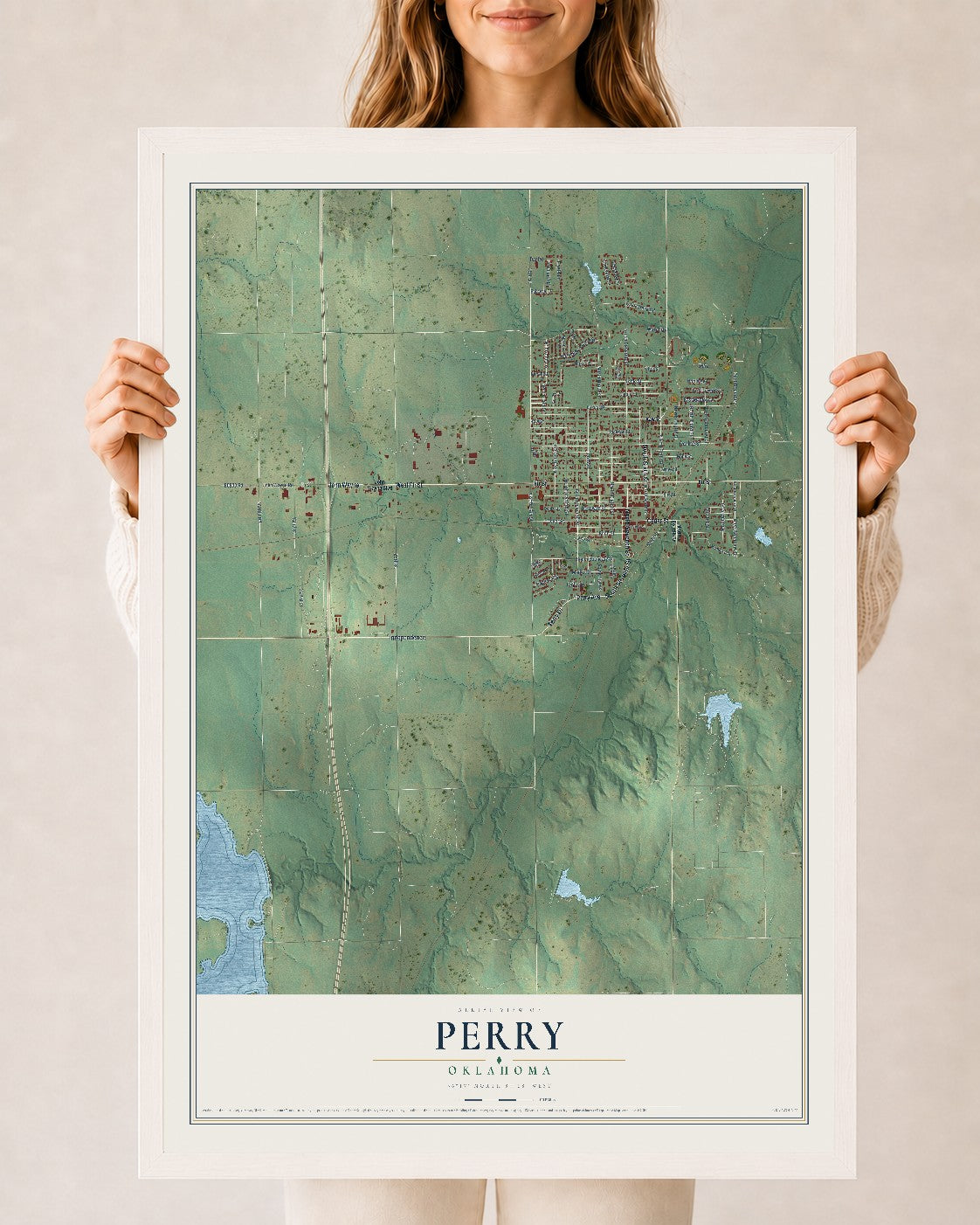 Map of Perry, Oklahoma, 24 x 36 inch print in a white wood frame