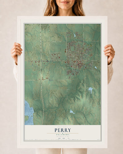 Map of Perry, Oklahoma, 24 x 36 inch print in a white wood frame