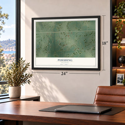 Pershing, Oklahoma map, 18 x 24 inch print in a black frame in a home office