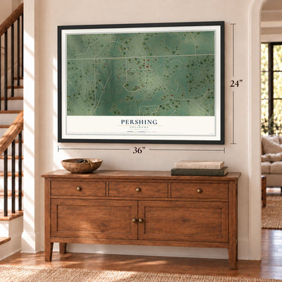 Pershing, Oklahoma map, 24 x 36 inch print in a black frame above a dresser by a staircase