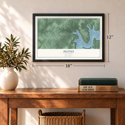 Pettit, Oklahoma map, 12 x 18 inch print in a black frame in an entryway