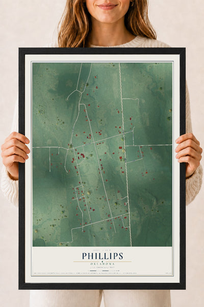 Map of Phillips, Oklahoma, 18 x 24 inch print in a black wood frame
