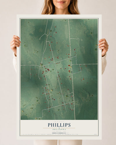 Map of Phillips, Oklahoma, 24 x 36 inch unframed archival matte print