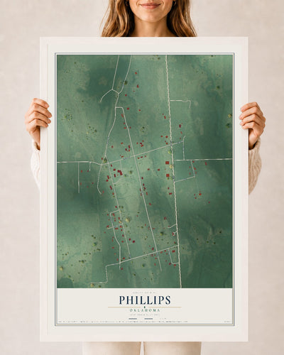 Map of Phillips, Oklahoma, 24 x 36 inch print in a white wood frame