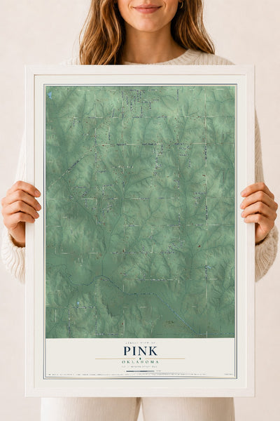 Map of Pink, Oklahoma, 18 x 24 inch print in a white wood frame