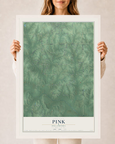Map of Pink, Oklahoma, 24 x 36 inch print in a white wood frame