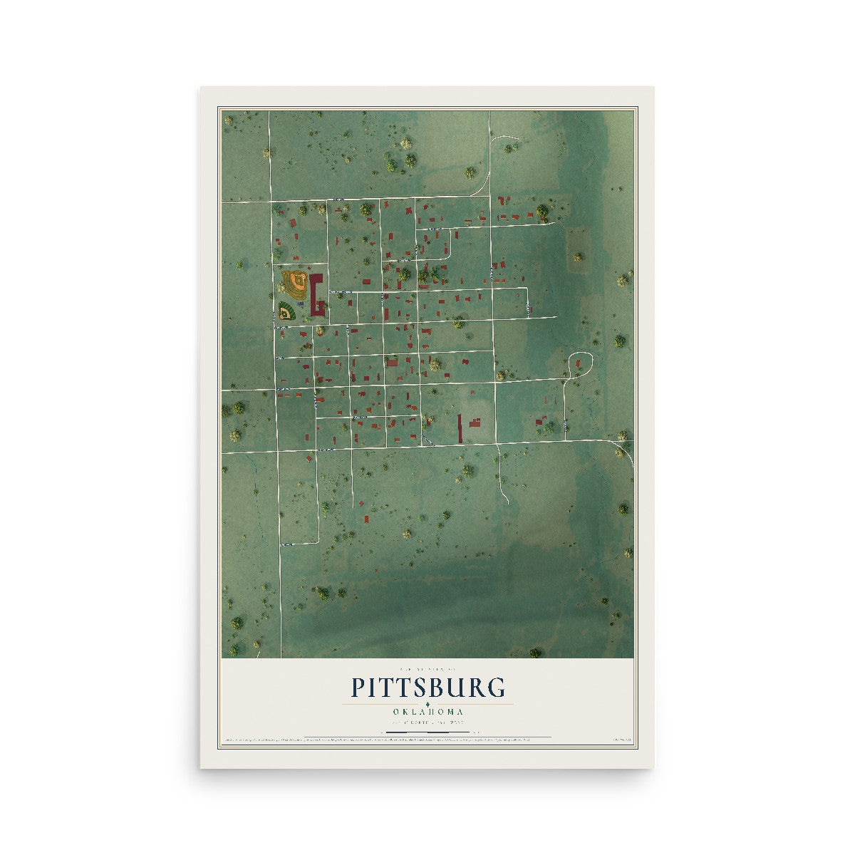 Map of Pittsburg, Oklahoma, 12 x 18 inch unframed archival matte print