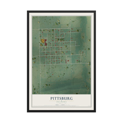 Map of Pittsburg, Oklahoma, 12 x 18 inch print in a black wood frame
