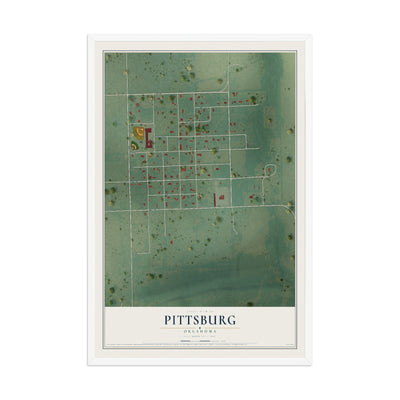Map of Pittsburg, Oklahoma, 12 x 18 inch print in a white wood frame