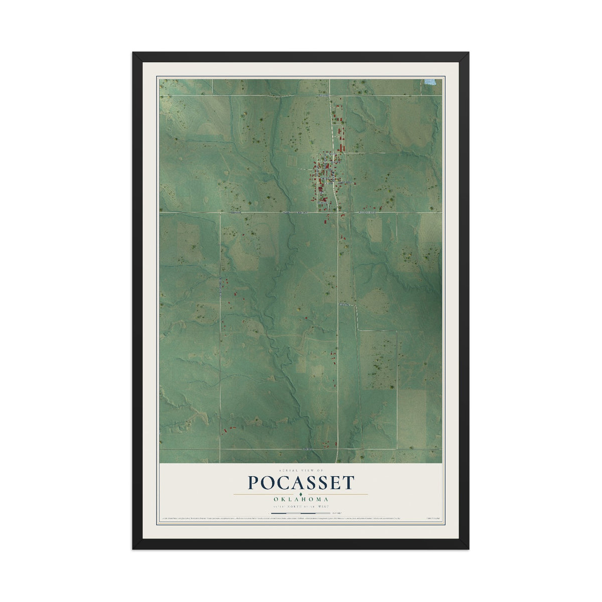 Map of Pocasset, Oklahoma, 12 x 18 inch print in a black wood frame
