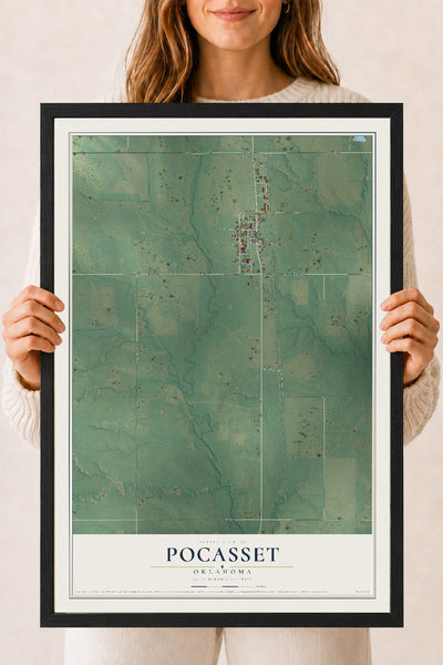 Map of Pocasset, Oklahoma, 18 x 24 inch print in a black wood frame
