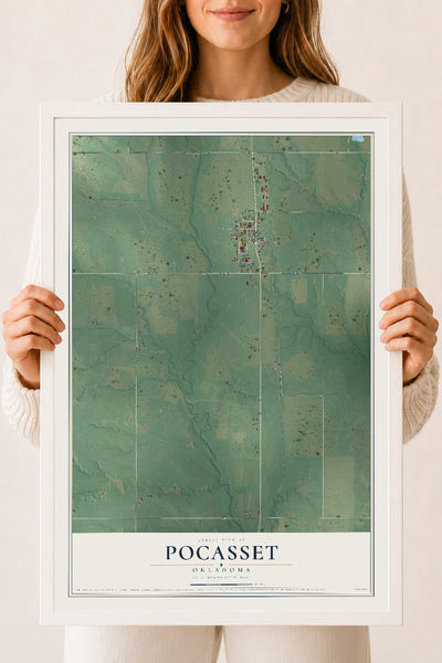 Map of Pocasset, Oklahoma, 18 x 24 inch print in a white wood frame