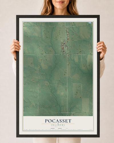 Map of Pocasset, Oklahoma, 24 x 36 inch print in a black wood frame
