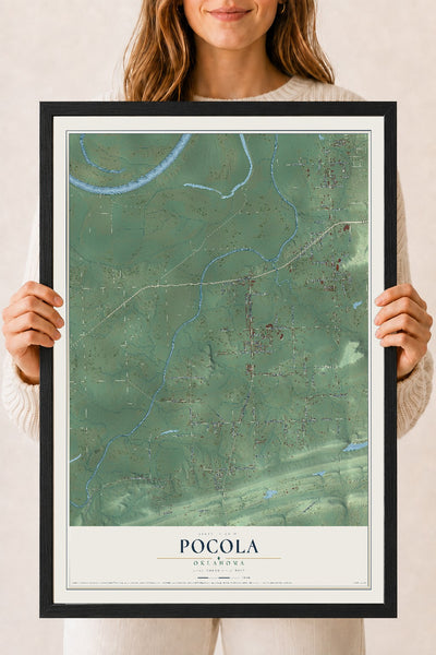 Map of Pocola, Oklahoma, 18 x 24 inch print in a black wood frame