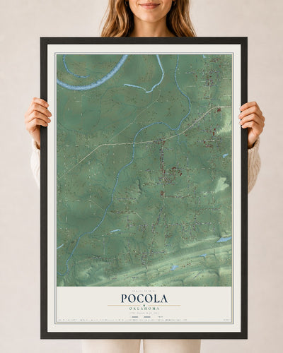 Map of Pocola, Oklahoma, 24 x 36 inch print in a black wood frame