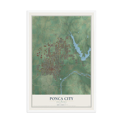 Map of Ponca City, Oklahoma, 12 x 18 inch print in a white wood frame