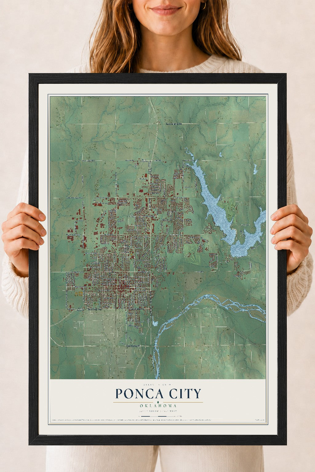 Map of Ponca City, Oklahoma, 18 x 24 inch print in a black wood frame
