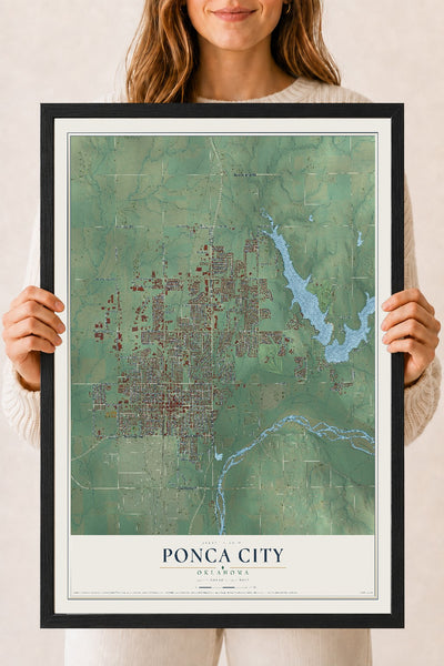 Map of Ponca City, Oklahoma, 18 x 24 inch print in a black wood frame
