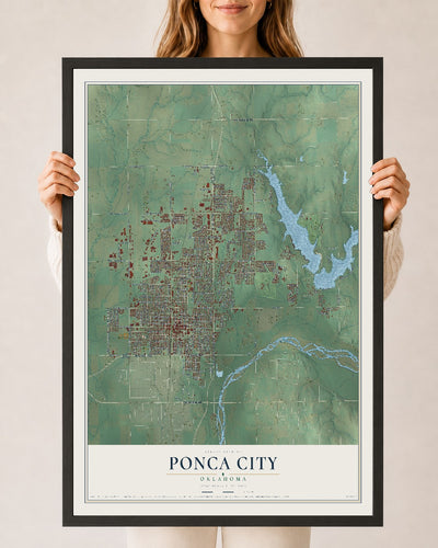 Map of Ponca City, Oklahoma, 24 x 36 inch print in a black wood frame