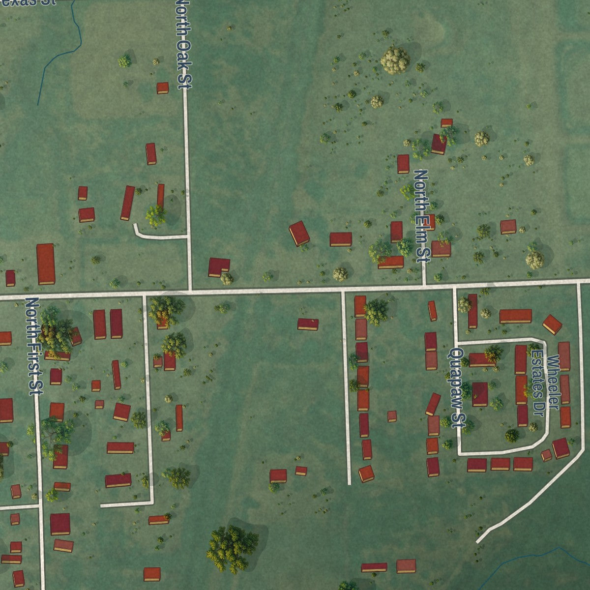 Second close-up of the map of Porum, Oklahoma print showing more streets and buildings