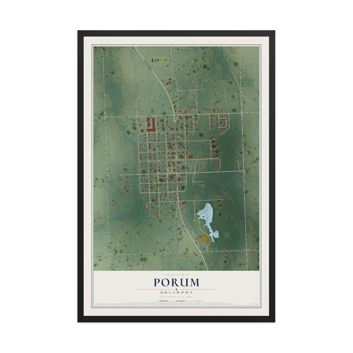 Map of Porum, Oklahoma, 12 x 18 inch print in a black wood frame