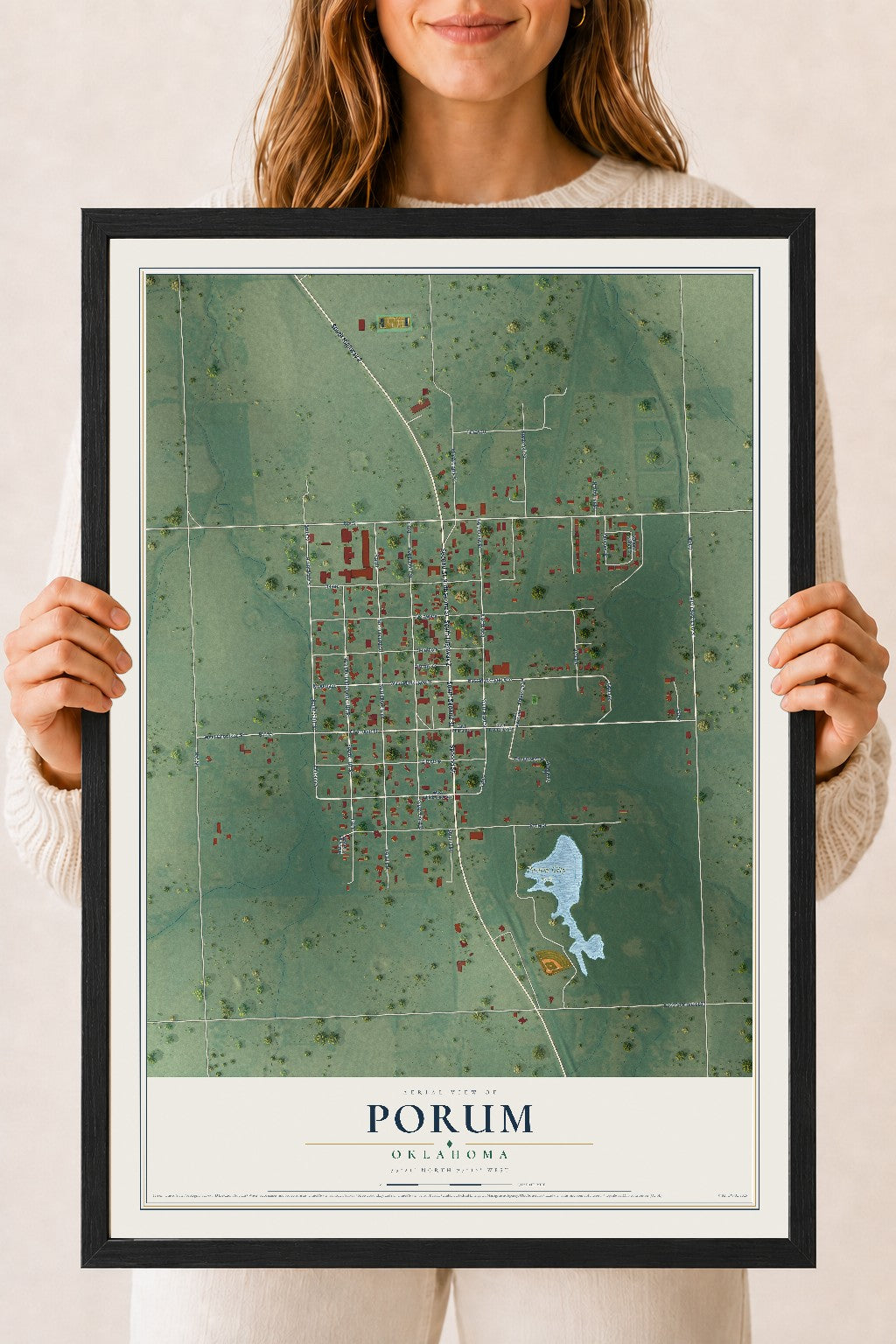 Map of Porum, Oklahoma, 18 x 24 inch print in a black wood frame