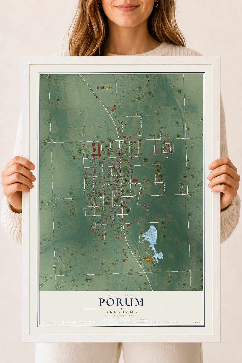 Map of Porum, Oklahoma, 18 x 24 inch print in a white wood frame