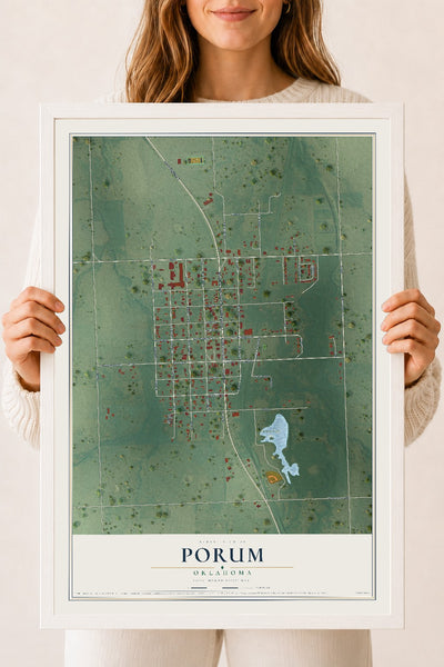 Map of Porum, Oklahoma, 18 x 24 inch print in a white wood frame