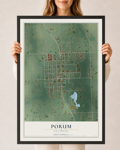 Map of Porum, Oklahoma, 24 x 36 inch print in a black wood frame